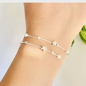 925 Sterling Silver  Double Star and Bead Charm Bracelet